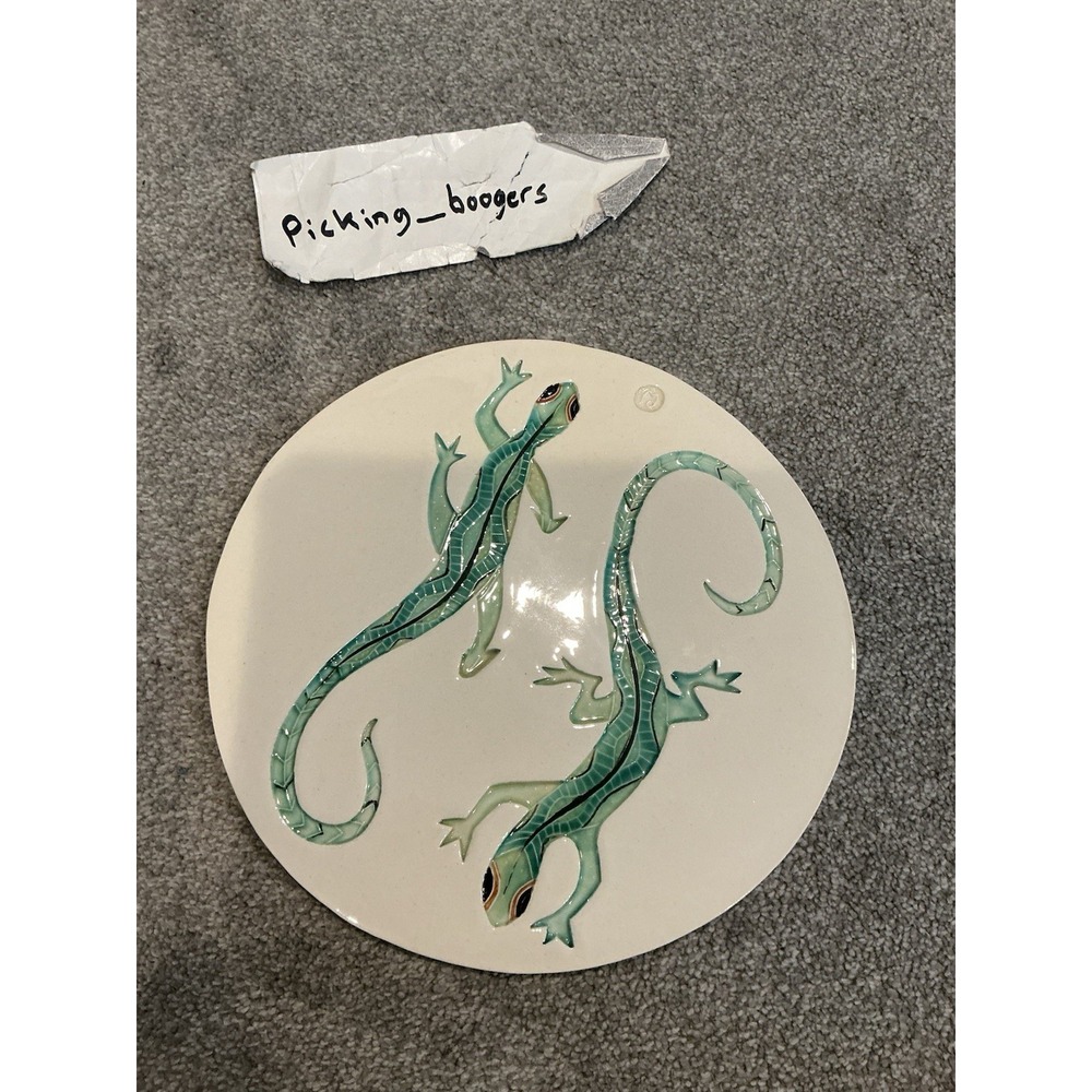 Vintage Fused Art Glass Lizard Gecko Coaster with Artist Signature
